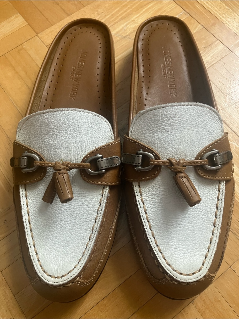 Two-Tone Tan & White Tassel Leather Mules Slides Loafers 8.5 EUC